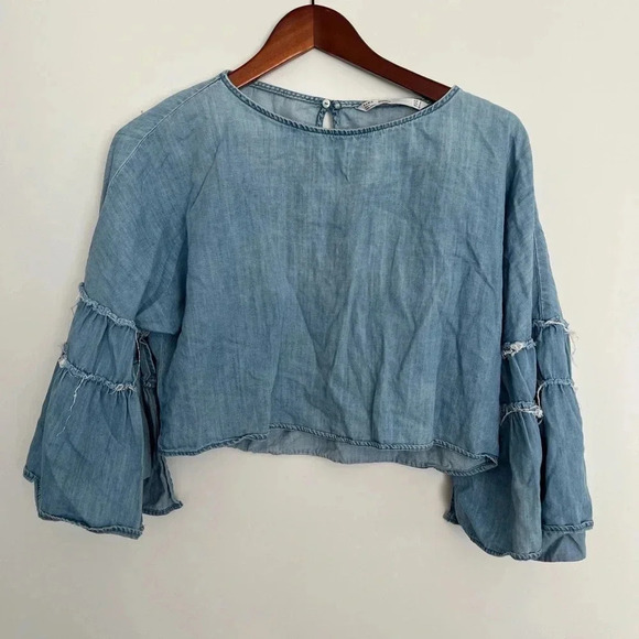 Zara denim style top with statement sleeves size  small - Picture 2 of 6